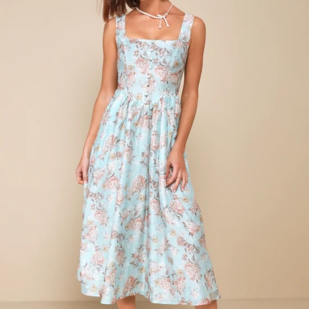 Floral Square-Neck Midi Dress in Light Blue